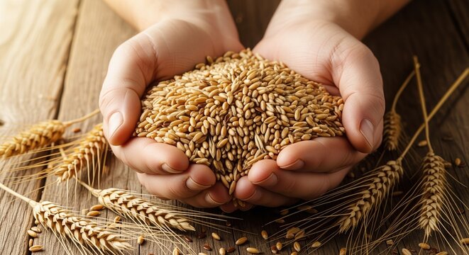 Close-up of hands holding golden wheat grains on wooden surface with scattered stalks. Perfect for agriculture, harvest, farming, food production, and grain industry concepts.
