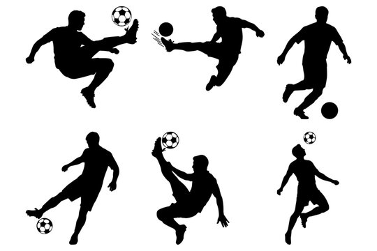 Soccer player silhouettes, mid-air kicks and poses, isolated
