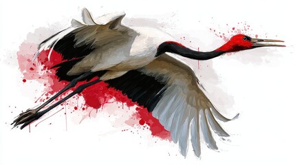 Obraz premium Dynamic illustration of a flying crane with bold color trails on a clean white backdrop