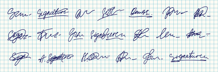 Doodle Fake Blue Signature Autograph Set in Graph Paper Notebook Page Background. Doodle Random Handwritten Sample Name Sign Signature Kit. Vector Handwriting Line Isolated Graphic Clipart