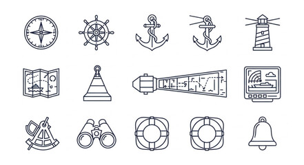 Nautical Icons Collection Featuring Compass Anchor Lighthouse and Map. © Dianchan