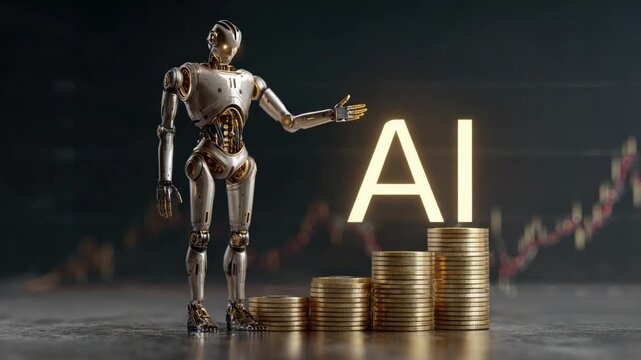 AI-powered Growth: A sleek, metallic robot stands confidently beside a stack of gold coins and the glowing letters AI.