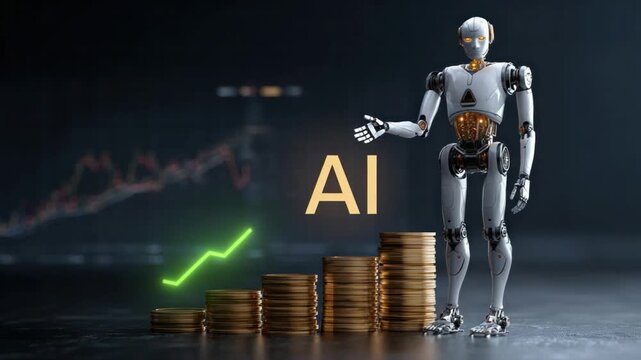 AI-Powered Growth: A futuristic scene showcasing a robotic figure standing proudly beside a rising stack of coins and the bold letters AI