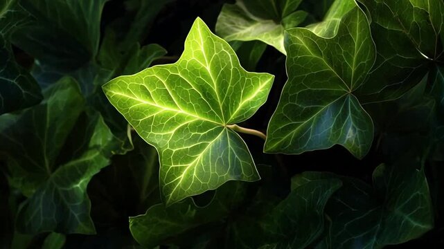 Lush green ivy foliage growing and climbing on an outdoor surface.