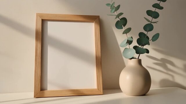 Elegant 3&times;4 wooden picture frame on a neutral background. Subtle shadows, slow rotating or z