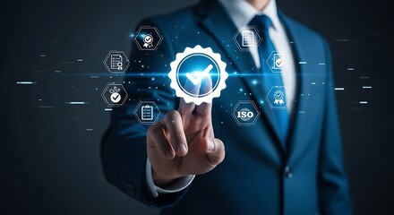 Fototapeta premium Businessman Touching Quality Assurance Icon, ISO Certified Business, Business Success Concept