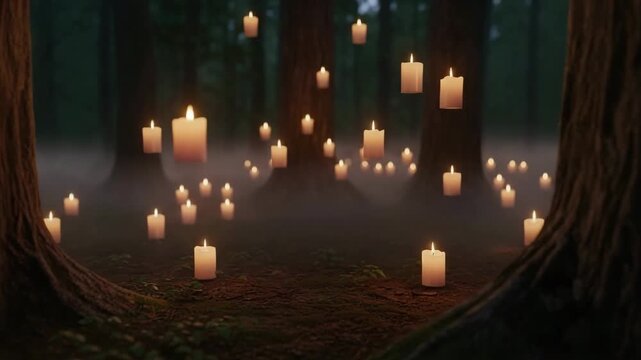 Candles glowing in a misty forest with trees at night