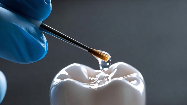 Fluoride varnish drop on tooth model, macro with copy space