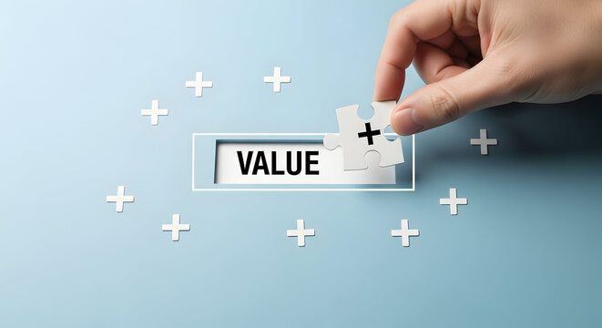 Hand placing puzzle piece with plus sign onto the word VALUE surrounded by plus signs demonstrating added value