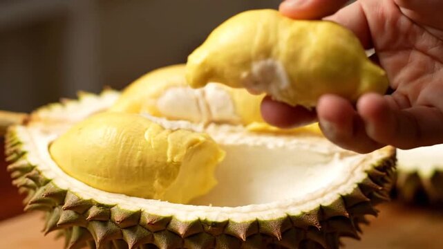 Hand opens durian fruit with exotic food, and close up.