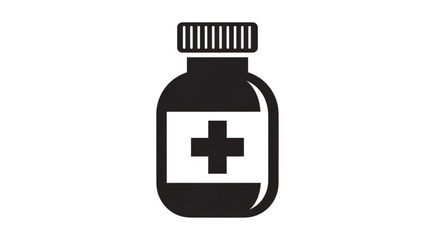 Fototapeta premium A simple black and white illustration of a medicine bottle with a cross on the label, viewed from the front.