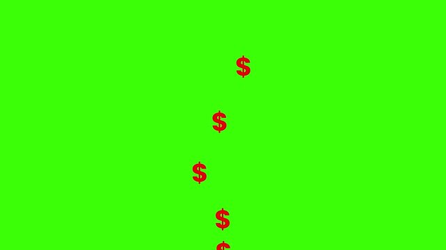Red dollar signs floating up on a bright green chroma key background showing financial growth currency symbols rising fast.