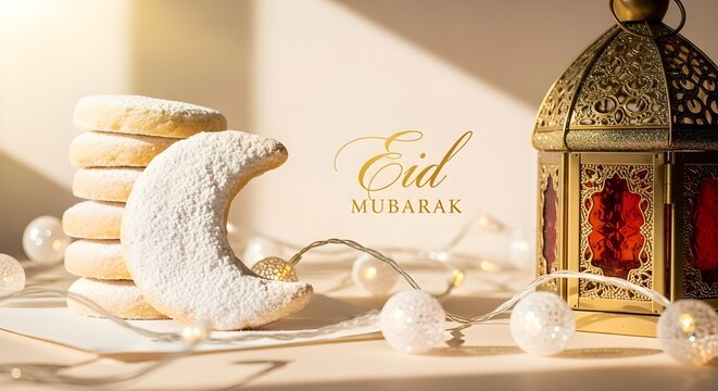Elegant Eid Mubarak Greeting Featuring a Stack of Powdered Crescent Moon Cookies, a Golden Filigree Lantern with Red Glass, and Warm Fairy Lights on a Minimalist Sunlit Background for Holiday