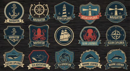 Nautical Emblem Collection Featuring Anchors Ships Lighthouses and Marine Life. © Jaganchan