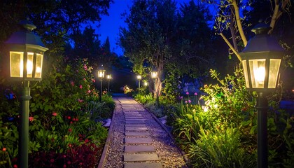 Fototapeta premium Enchanting Garden Pathway Illuminated by Warm Lanterns at Dusk.