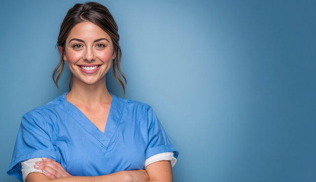 Smiling female nurse with brunette hair in blue scrubs standing confidently against a plain blue background