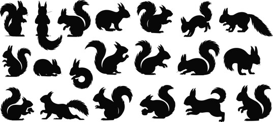 Collection of squirrel silhouettes in various poses isolated on white background showcasing wildlife rodent animal vector design elements