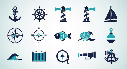 Nautical Icons Collection Featuring Anchor Ship Wheel Lighthouse and Sailboat. © Jaganchan