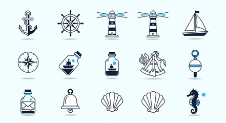 Nautical Icons Collection Featuring Anchor Ship Wheel Lighthouse and More. © Jaganchan