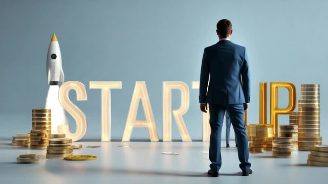 Visionary Launch: A determined figure stands before a bold 'START UP' sign, with a rocket ship poised for launch, symbolizing ambition and the pursuit of new beginnings.