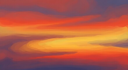 Obraz premium Vibrant abstract painting depicting a colorful sunset sky with warm hues of orange, red, and yellow blending across the horizon.