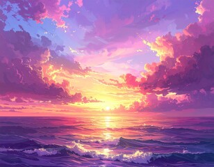 Fototapeta premium Dramatic sunset paints the sky with vibrant purple and orange hues over the ocean.