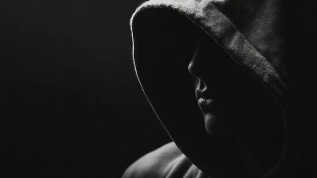 Enigmatic Silhouette in Shadows: A solitary figure, cloaked in a hooded jacket, emerges from the shadows, their features shrouded in mystery. The high-contrast tones enhance the dramatic effect.