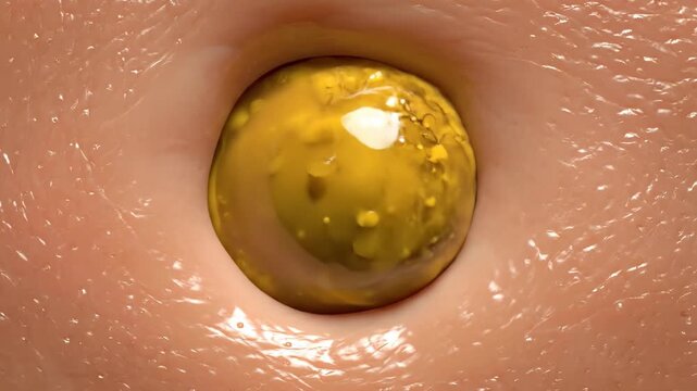 Microscopic view of yellow fluid with particles forming a spherical mass within a skin-like cavity