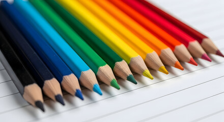 Fototapeta premium A collection of colorful pencils lined up on a white surface