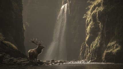 Majestic Elk by a Sunlit Waterfall in a Lush Forest.
