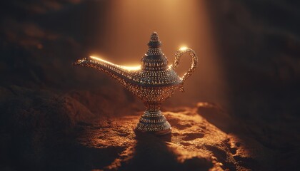 Mystical Golden Genie Lamp in a Dark Cave.