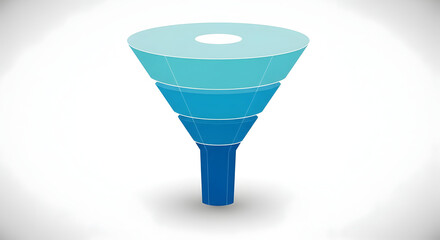 A three dimensional representation of a funnel with layered segments in varying shades of blue and teal against a white background