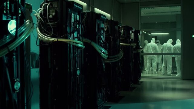 Hidden high-security government lab with a row of ominous black experimental stasis pods observed by scientists behind glass on a cool green-tinted background concept of secret experiments 