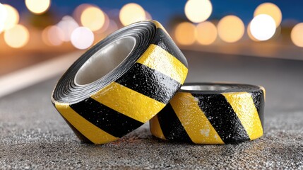 Safety Tape Rolls on Pavement.