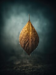 Solitary Golden Autumn Leaf Suspended in Air.