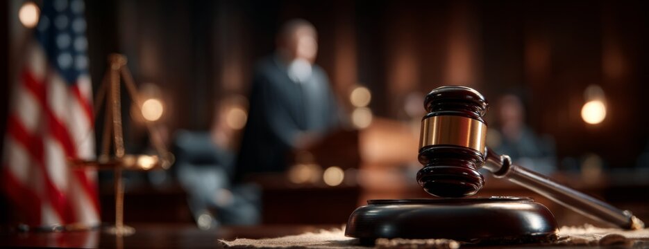 Judge's gavel on desk in courtroom with blurred lawyer speaking  