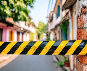 Street blocked with yellow and black barrier tape.