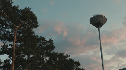 Street light against a cloudy sky with a pine tree.