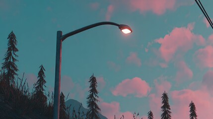 Street light illuminates the twilight sky with pink clouds and silhouetted trees.