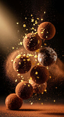 Fototapeta premium Cinematic food photography of gourmet chocolate truffles mid-motion burst