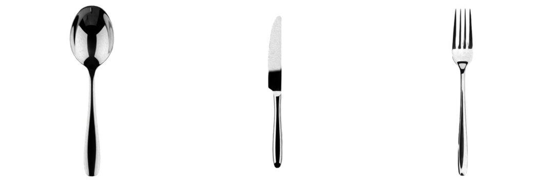 Set of classic stainless steel cutlery, elegant silver spoon, table knife and fork isolated on white background, kitchen utensils for dining