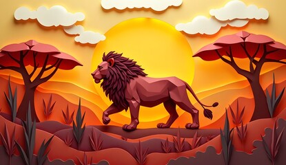 Illustration of a lion with a flowing mane strolls across a golden savannah at sunset.