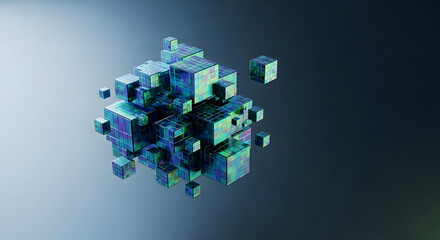 iridescent geometric cubes assemble into abstract floating structure on a gradient background