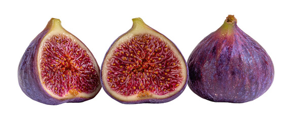 Three fresh figs; two halved revealing red pulp and seeds, one whole, against a black background