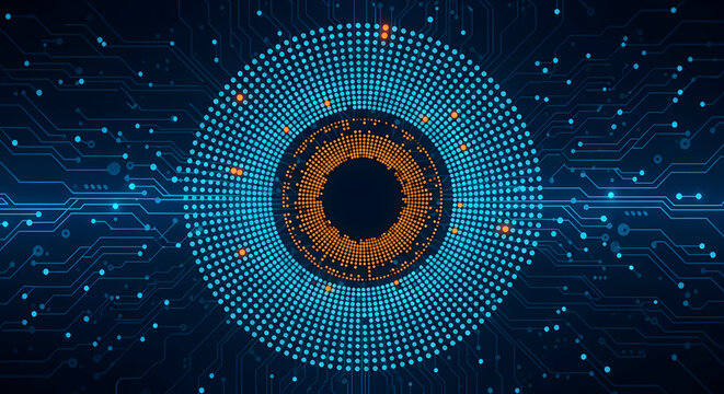 Glowing digital eye formed by circular circuits and illuminated data pathways on a dark technological background