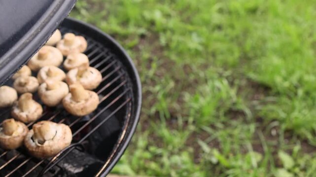 Round outdoor cooking grill designed for open air barbecues Features a curved metal cover that retains heat evenly Suitable for backyard gatherings garden cooking and relaxed outdoor food preparation 