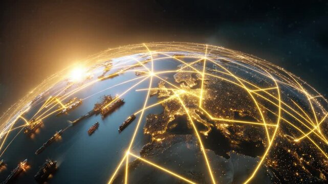 Global Connectivity Network: An illuminated world map showcases a vast, interconnected network of lines.