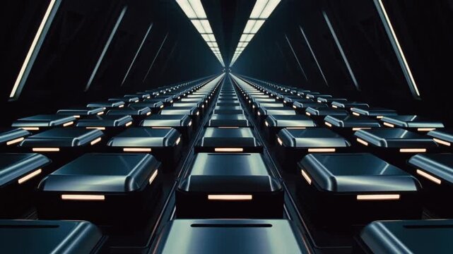 Vast endless hall of a generation ship filled with thousands of softly glowing cryo-pods in perfect rows under sterile light on a white interior background concept of long-term interstellar travel 