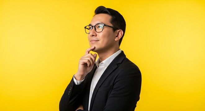Thoughtful businessman wearing glasses and a suit holding a yellow pencil against a vibrant yellow background for creative and professional concepts