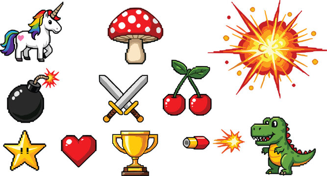 Colorful Retro Game Icon Set with Fantasy Characters, Explosions, Weapons, and Rewards, Pixel Style Vector Illustration for Arcade and Mobile Games